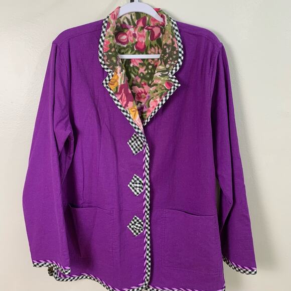 Koos of Coursee! Size M Linen Blend Art to Wear Reversible Floral Jacket Purple - Picture 2 of 12